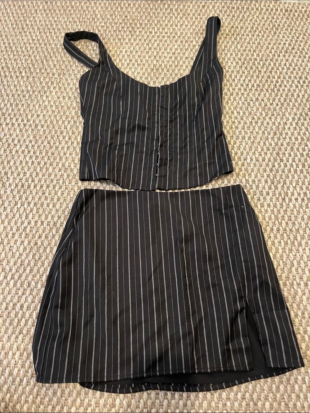 White Fox Boutique Black and White Pinstripe Mini Skirt Set